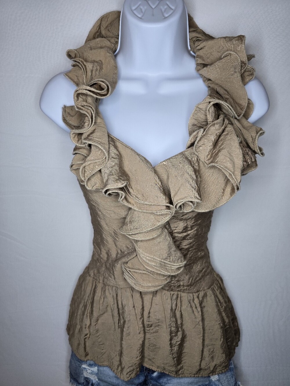 Y2K Faisca Ruffle Halter Top Brown Tan Smocked Back Women’s Medium